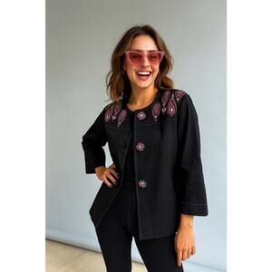 Bob Mackie Wearable Art Coat - M Black Embellished Cruise‑Ship Auntie Energy